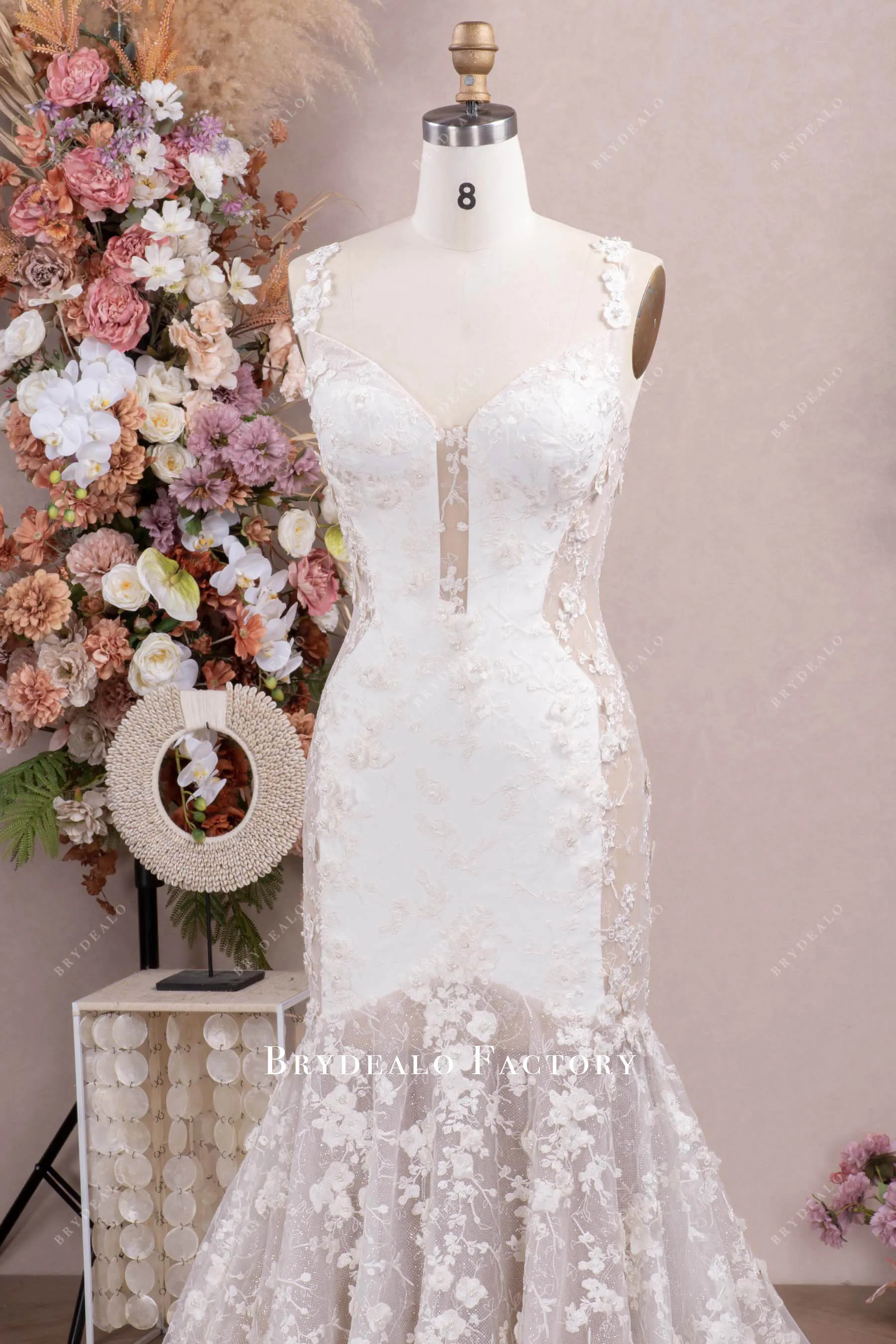 3D Flower Thin Straps Lace Long Mermaid Wedding Dress