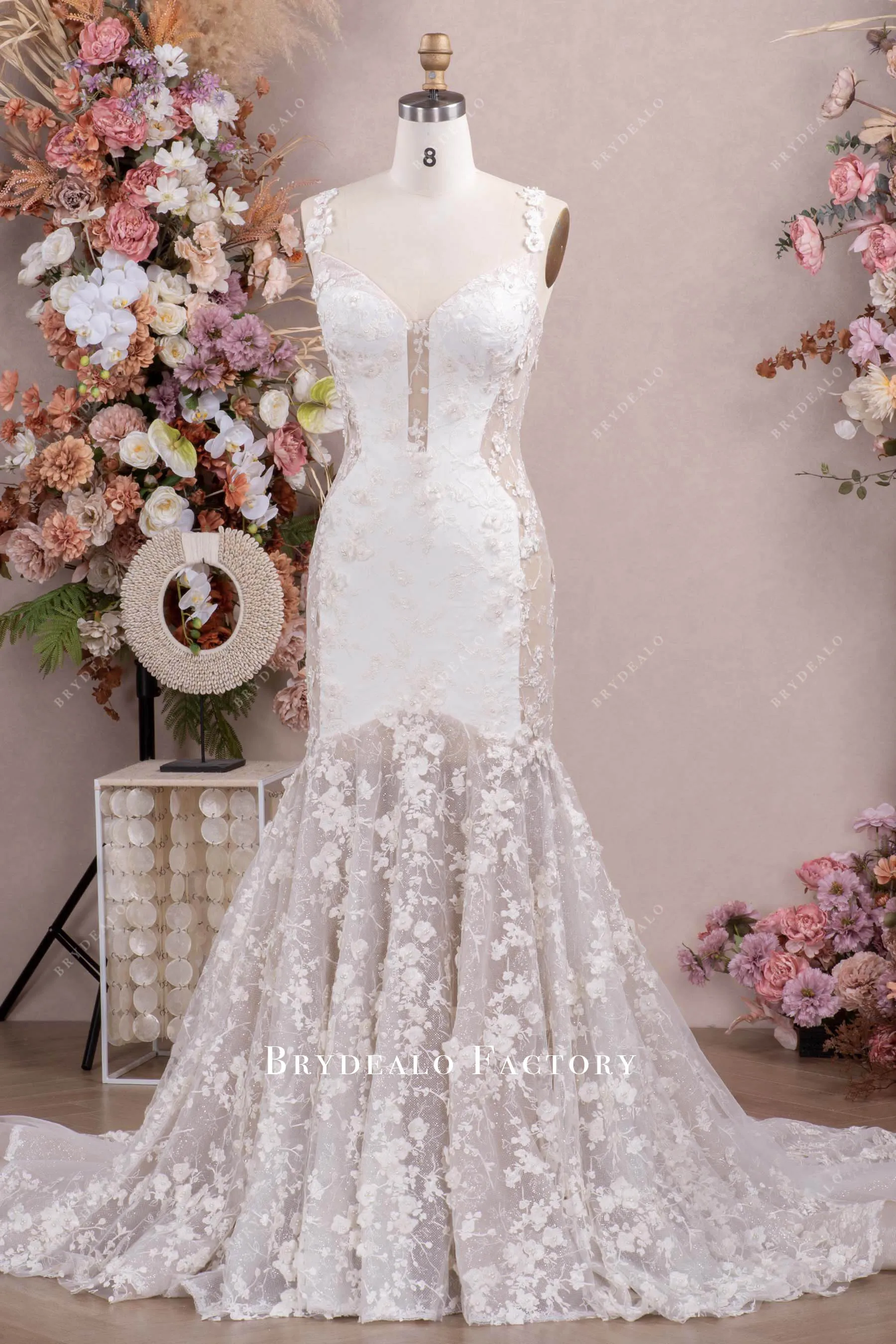 3D Flower Thin Straps Lace Long Mermaid Wedding Dress