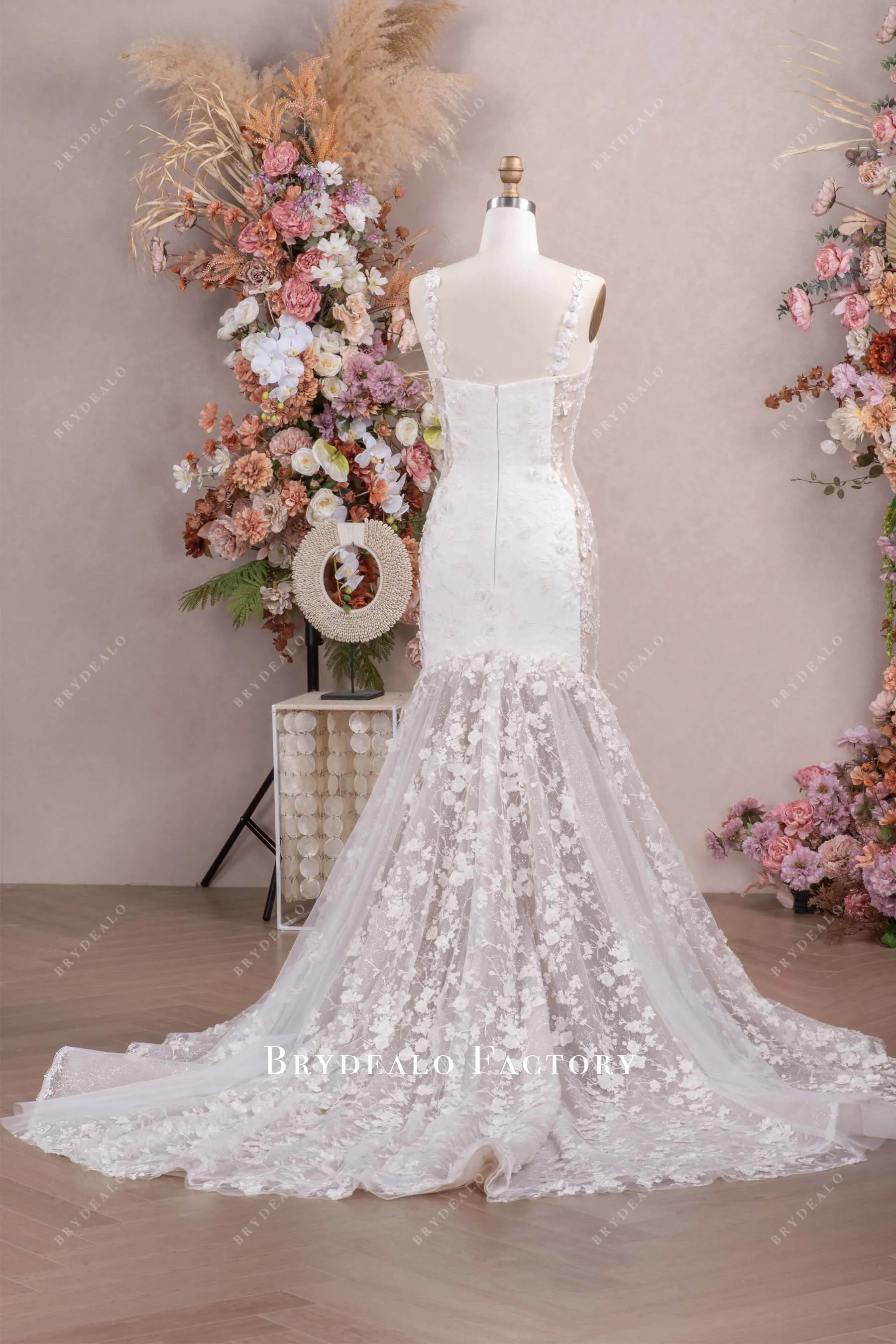 3D Flower Thin Straps Lace Long Mermaid Wedding Dress