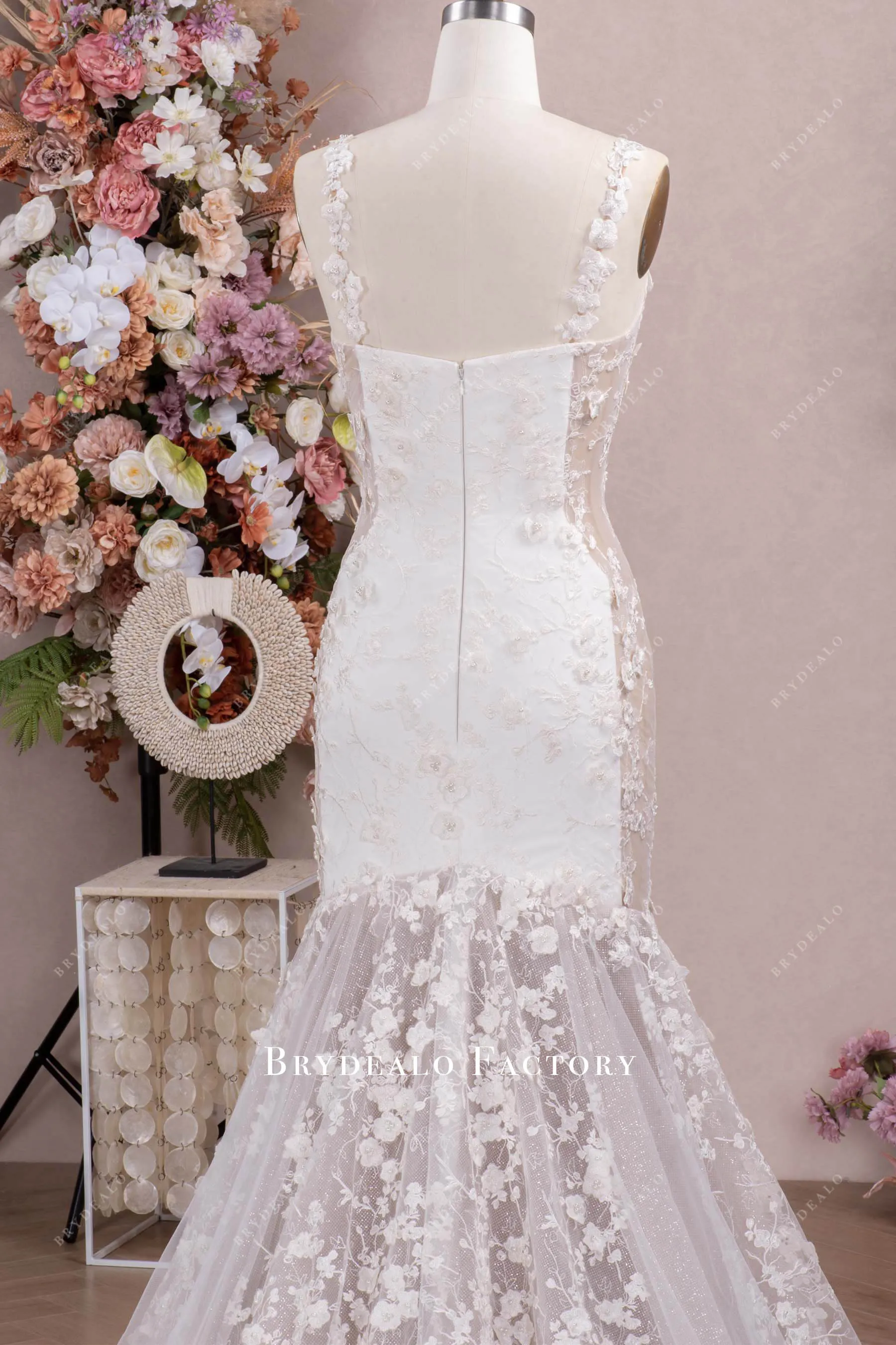3D Flower Thin Straps Lace Long Mermaid Wedding Dress