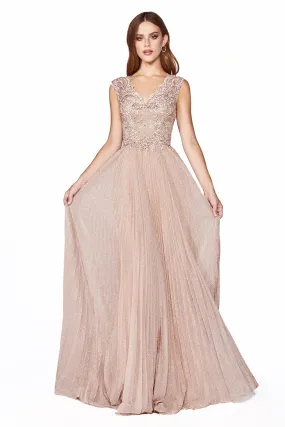 A-Line Metallic Pleated & Lace Long Mother Of The Bride Dress
