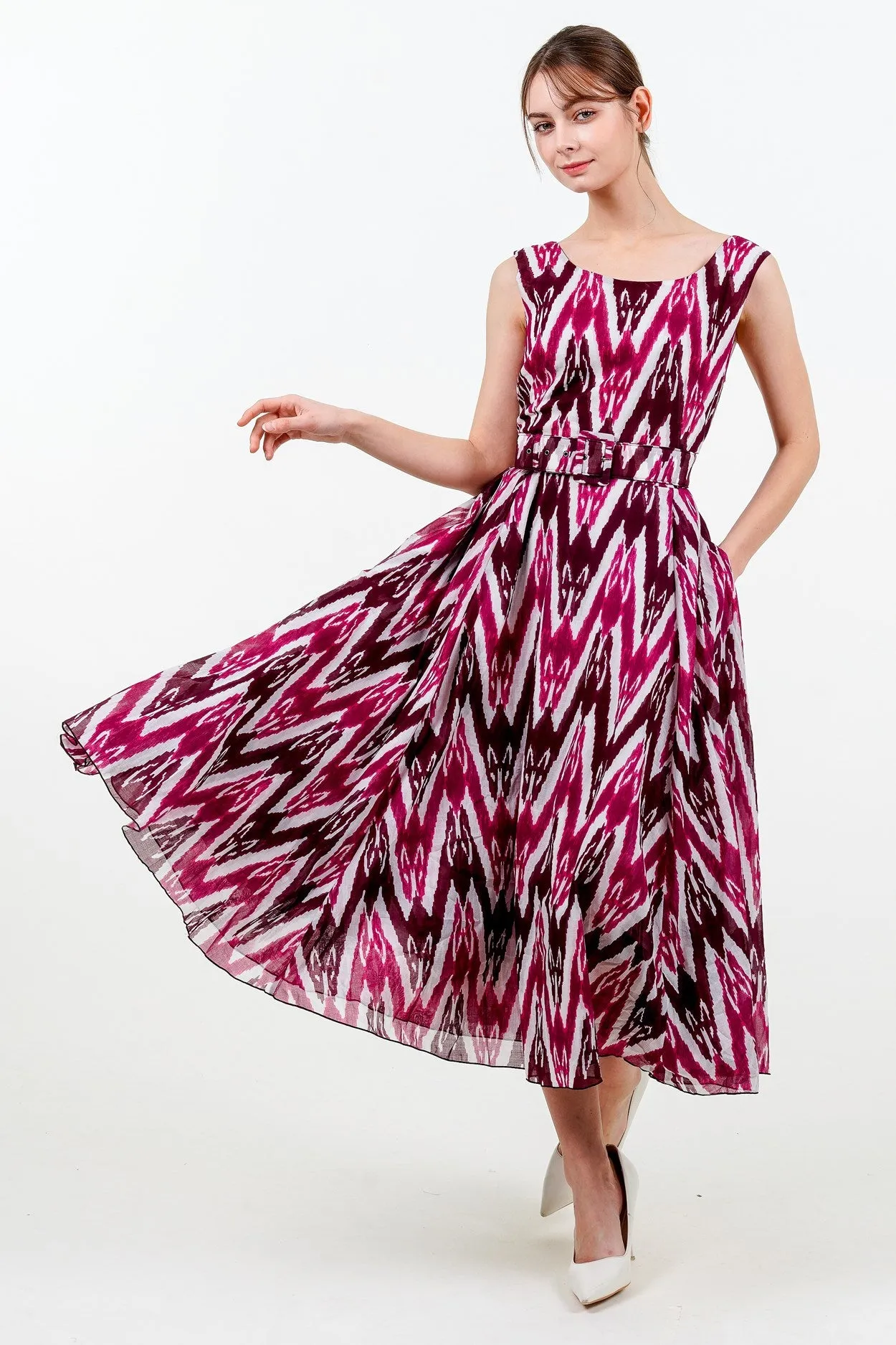 Aster Dress Boat Neck Sleeveless Midi Length Cotton Musola (Ikat Uzbec Bright)