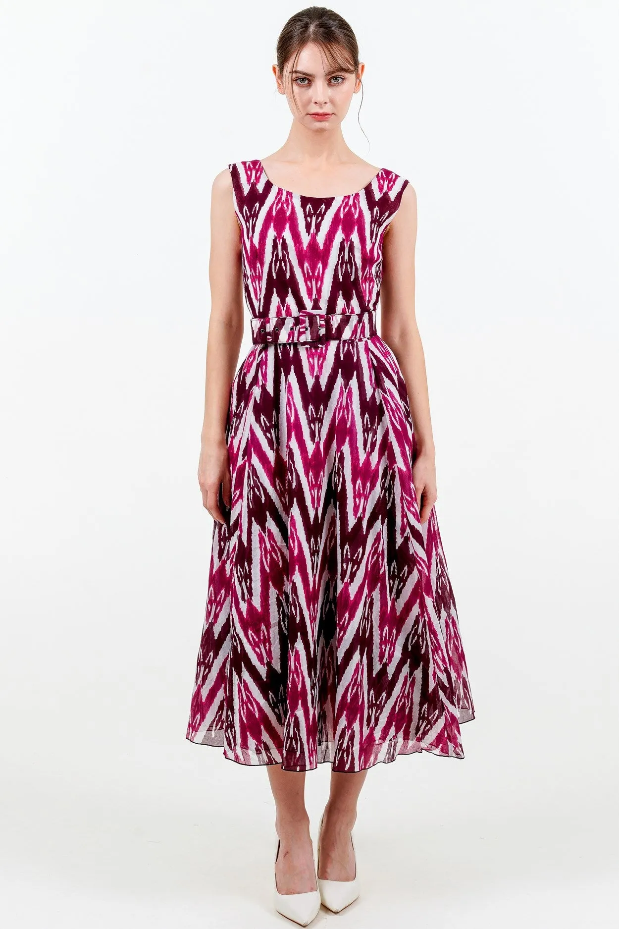 Aster Dress Boat Neck Sleeveless Midi Length Cotton Musola (Ikat Uzbec Bright)