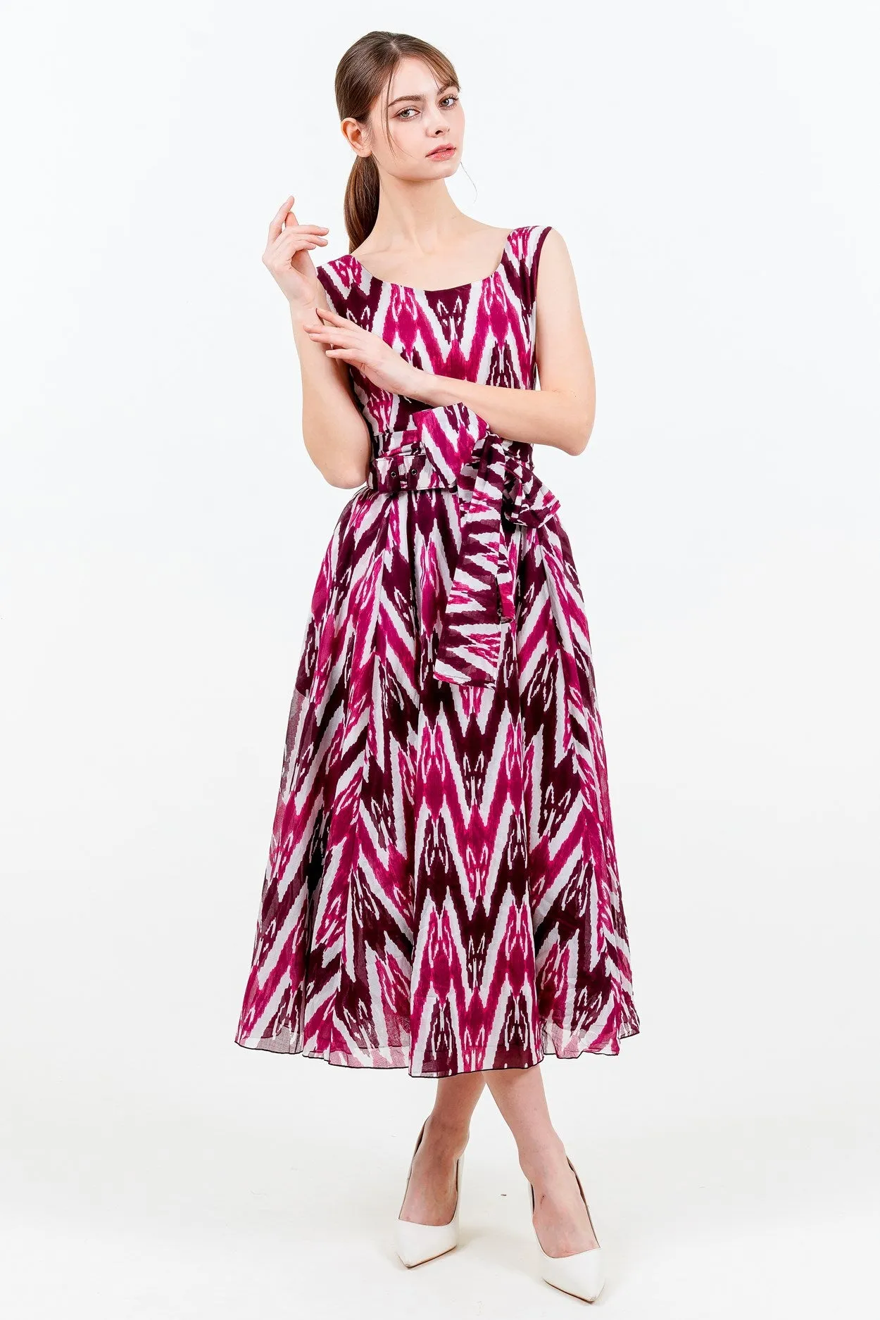Aster Dress Boat Neck Sleeveless Midi Length Cotton Musola (Ikat Uzbec Bright)