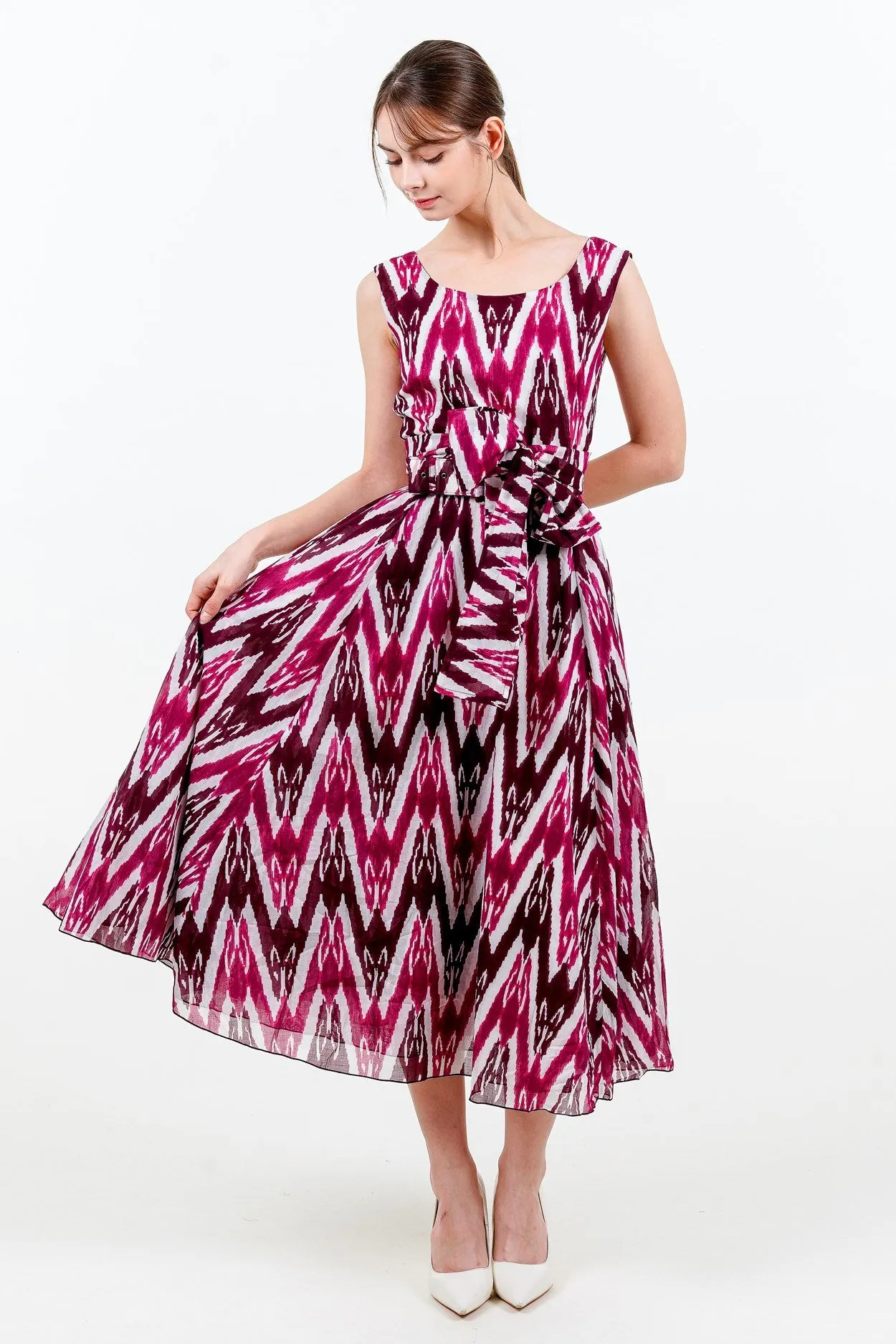 Aster Dress Boat Neck Sleeveless Midi Length Cotton Musola (Ikat Uzbec Bright)