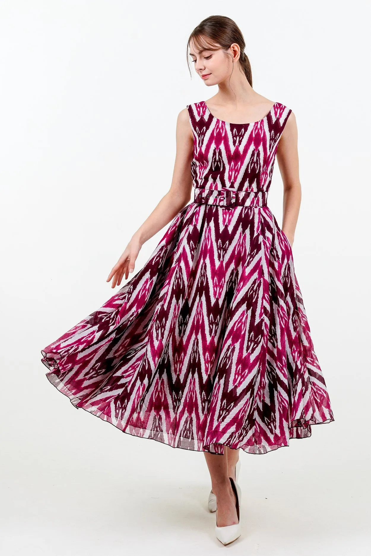 Aster Dress Boat Neck Sleeveless Midi Length Cotton Musola (Ikat Uzbec Bright)