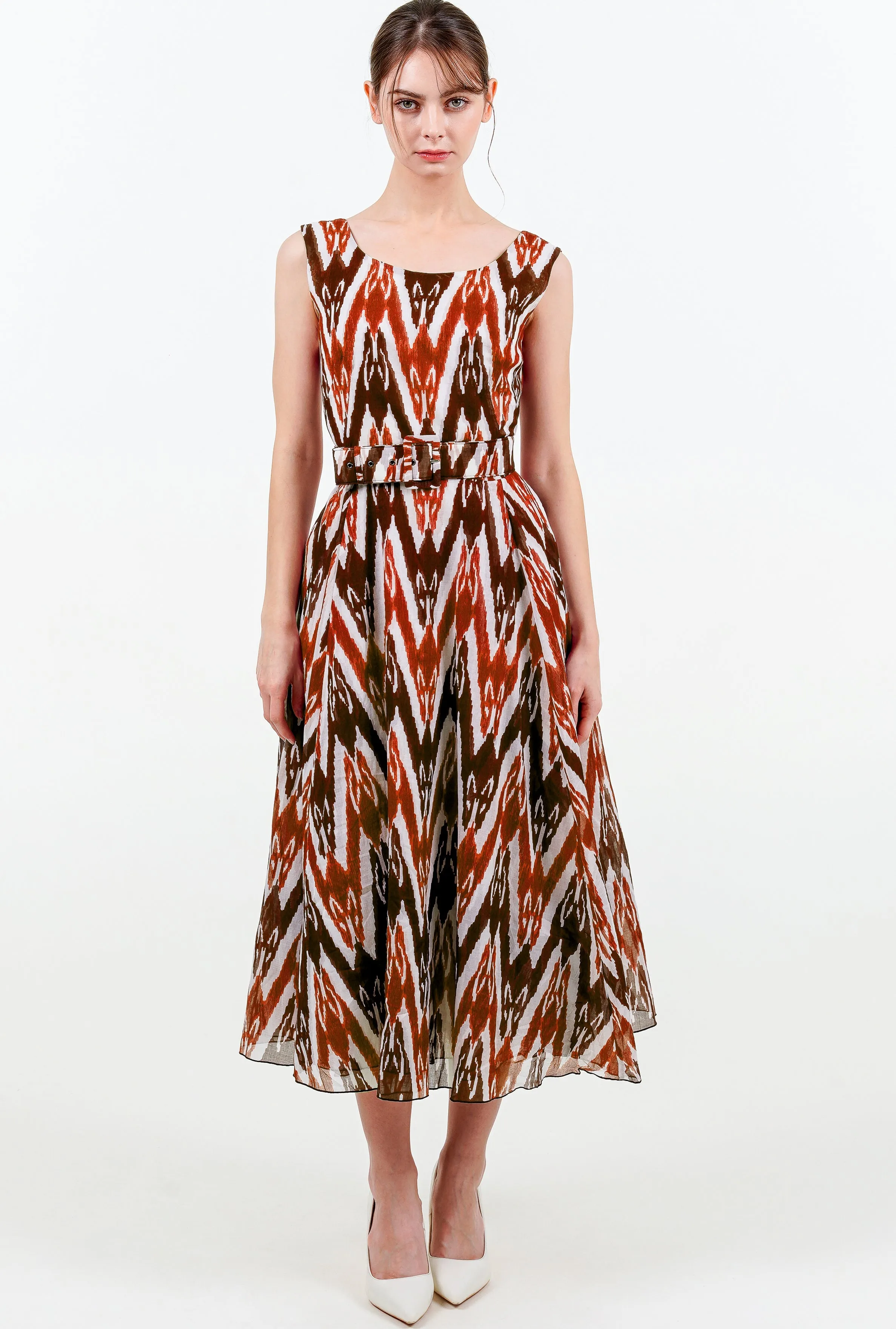 Aster Dress Boat Neck Sleeveless Midi Length Cotton Musola (Ikat Uzbec Bright)