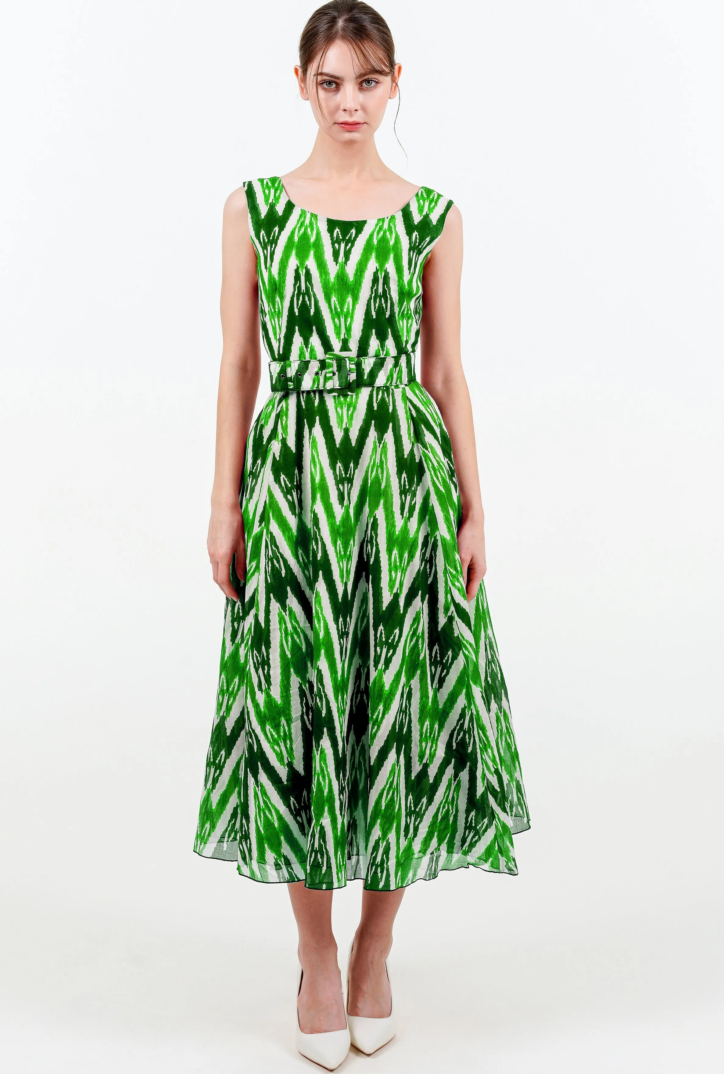 Aster Dress Boat Neck Sleeveless Midi Length Cotton Musola (Ikat Uzbec Bright)