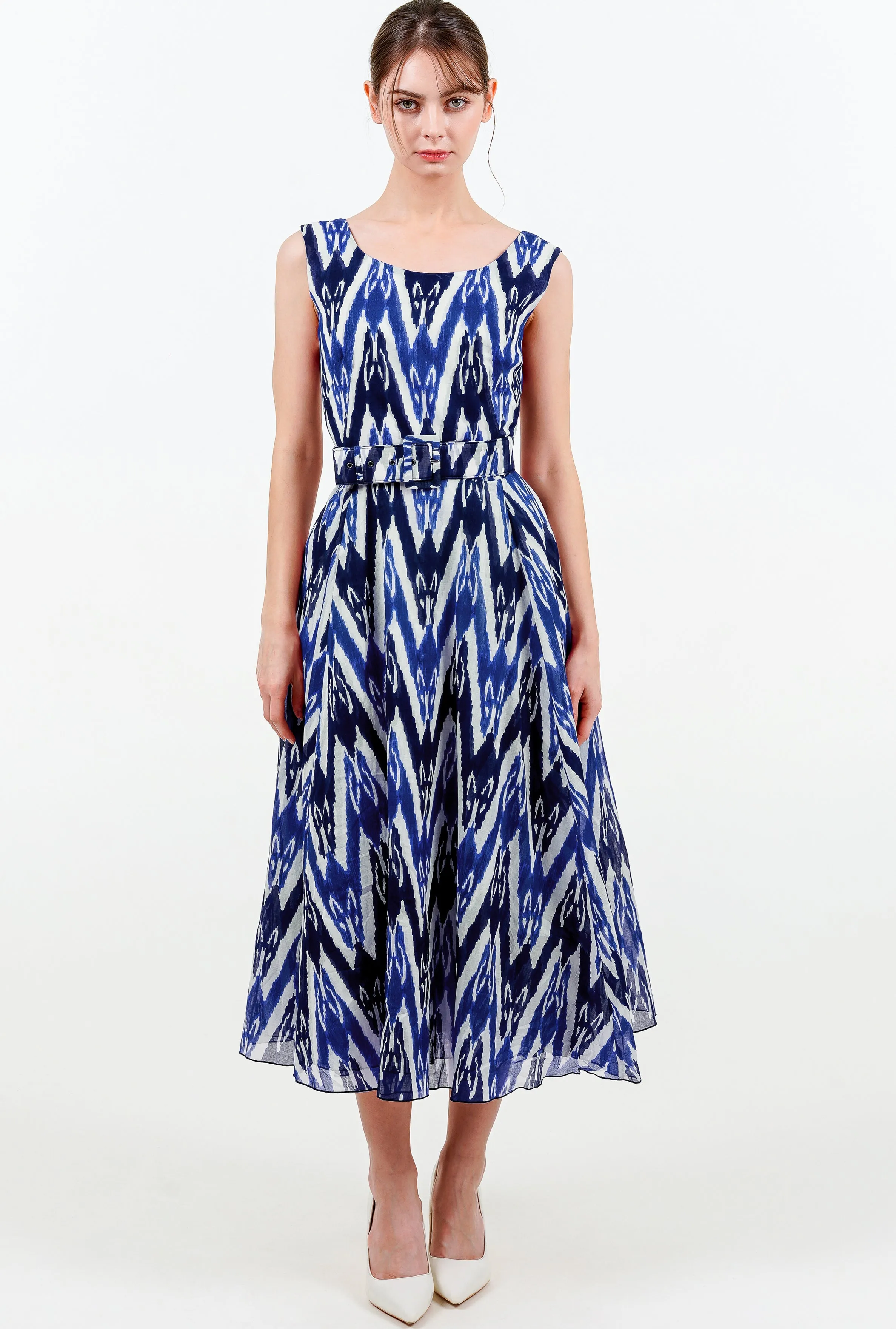 Aster Dress Boat Neck Sleeveless Midi Length Cotton Musola (Ikat Uzbec Bright)