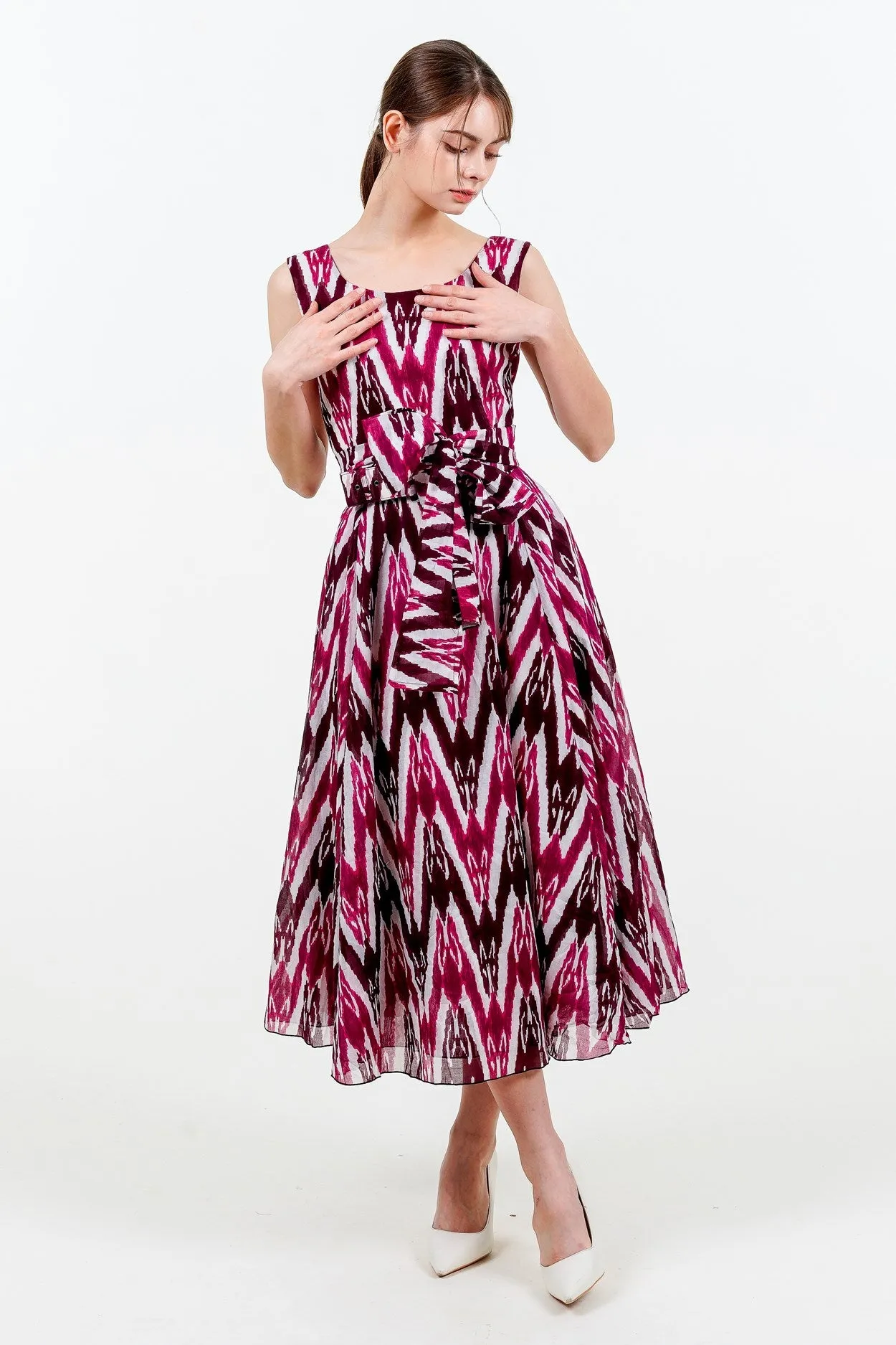 Aster Dress Boat Neck Sleeveless Midi Length Cotton Musola (Ikat Uzbec Bright)