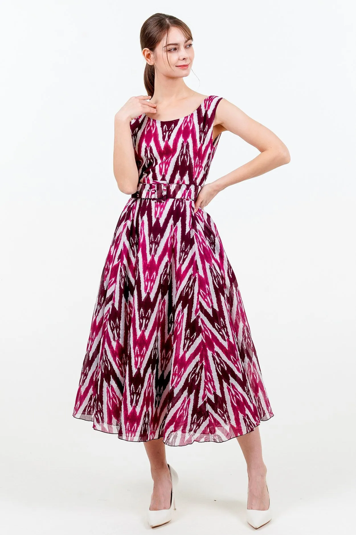 Aster Dress Boat Neck Sleeveless Midi Length Cotton Musola (Ikat Uzbec Bright)