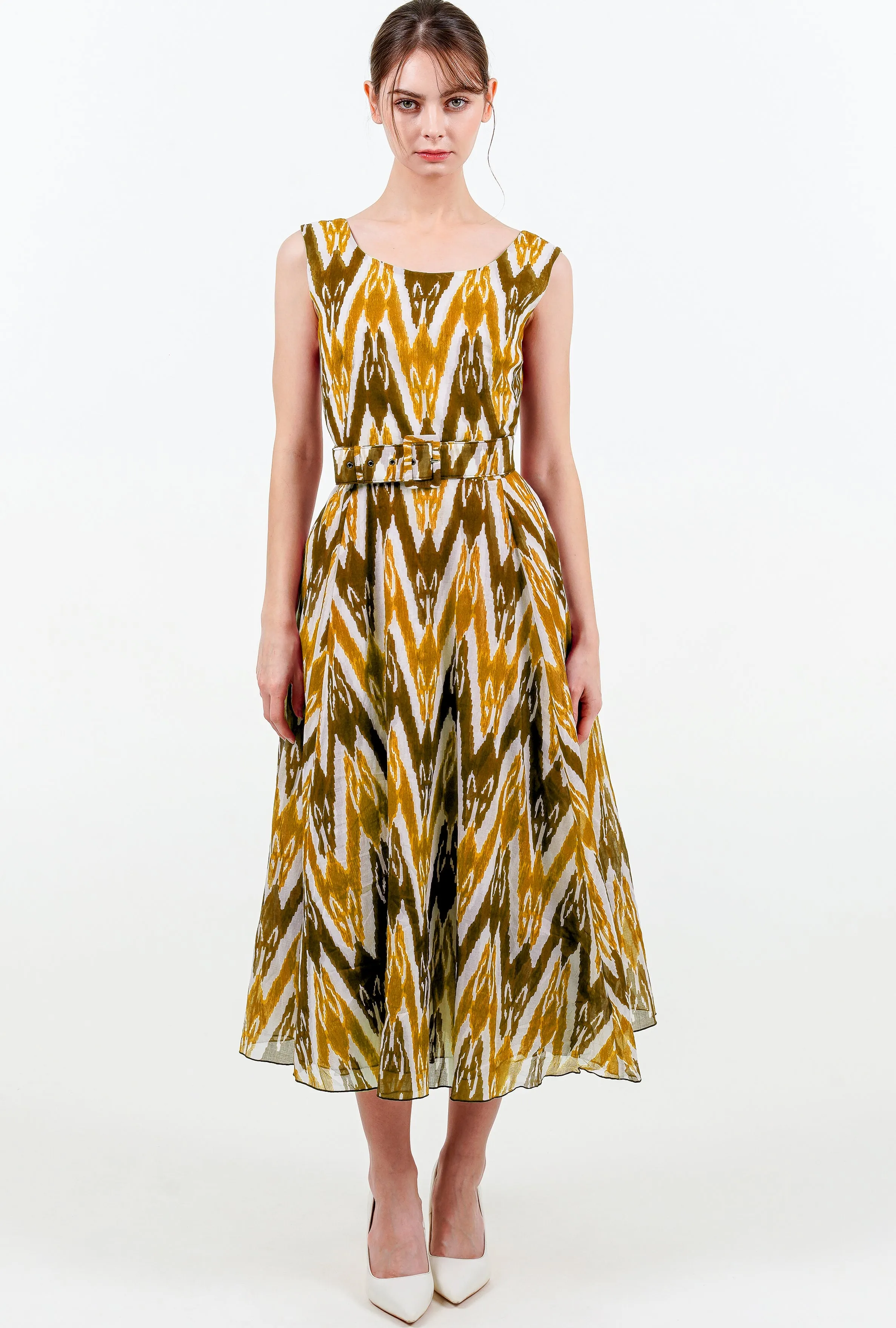 Aster Dress Boat Neck Sleeveless Midi Length Cotton Musola (Ikat Uzbec Bright)