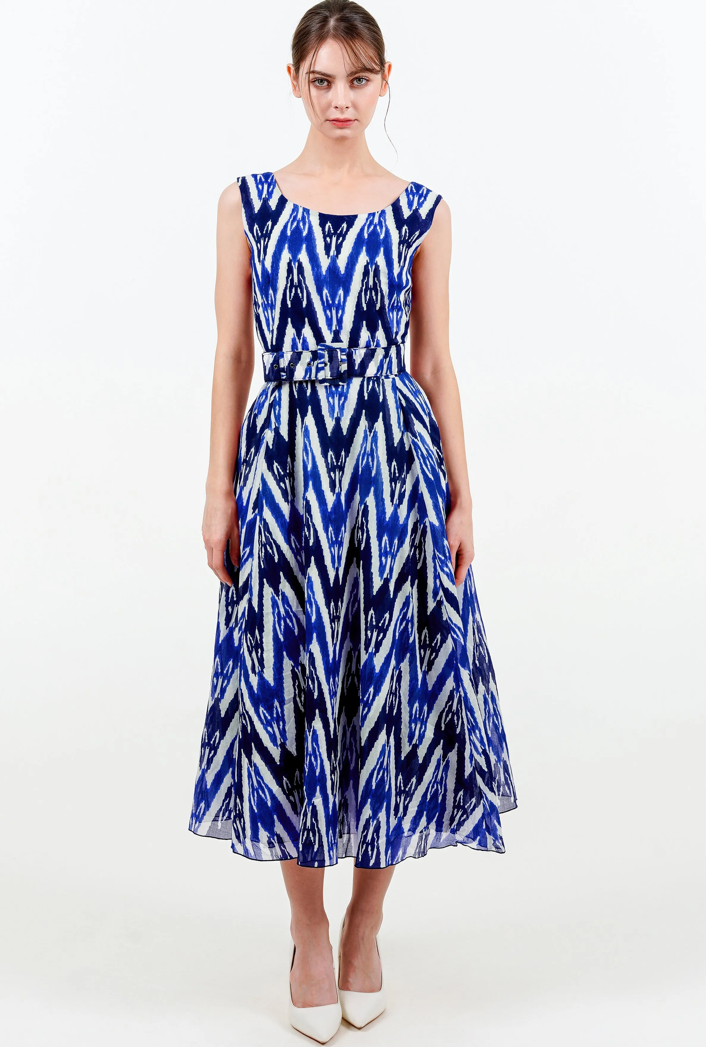 Aster Dress Boat Neck Sleeveless Midi Length Cotton Musola (Ikat Uzbec Bright)