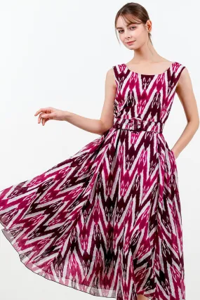 Aster Dress Boat Neck Sleeveless Midi Length Cotton Musola (Ikat Uzbec Bright)