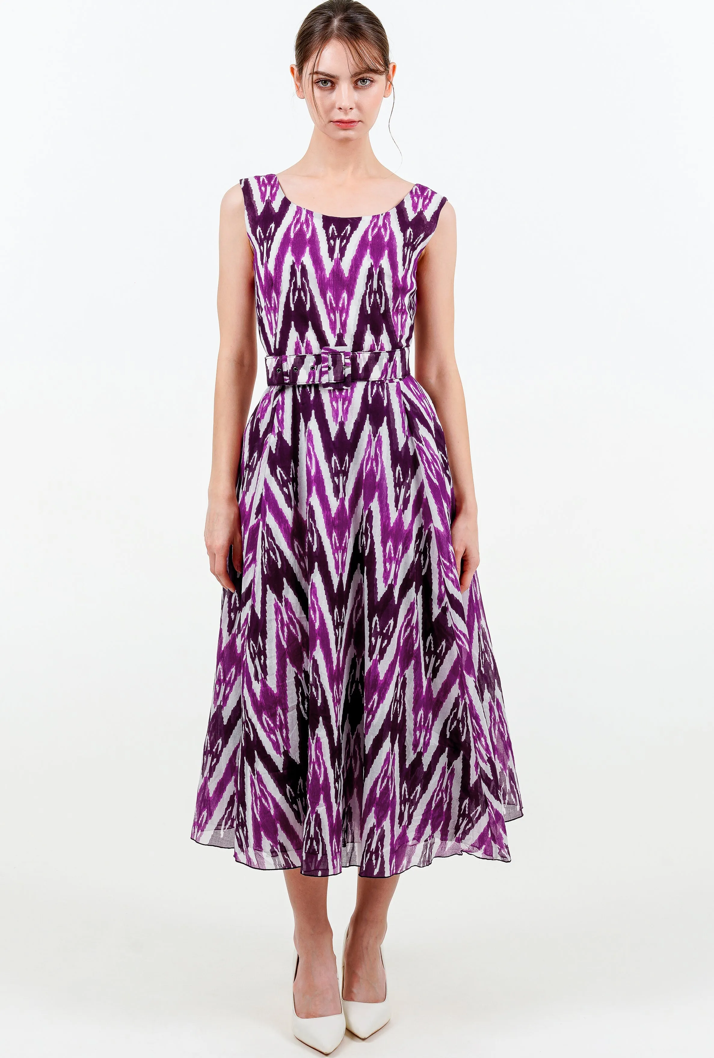 Aster Dress Boat Neck Sleeveless Midi Length Cotton Musola (Ikat Uzbec Bright)