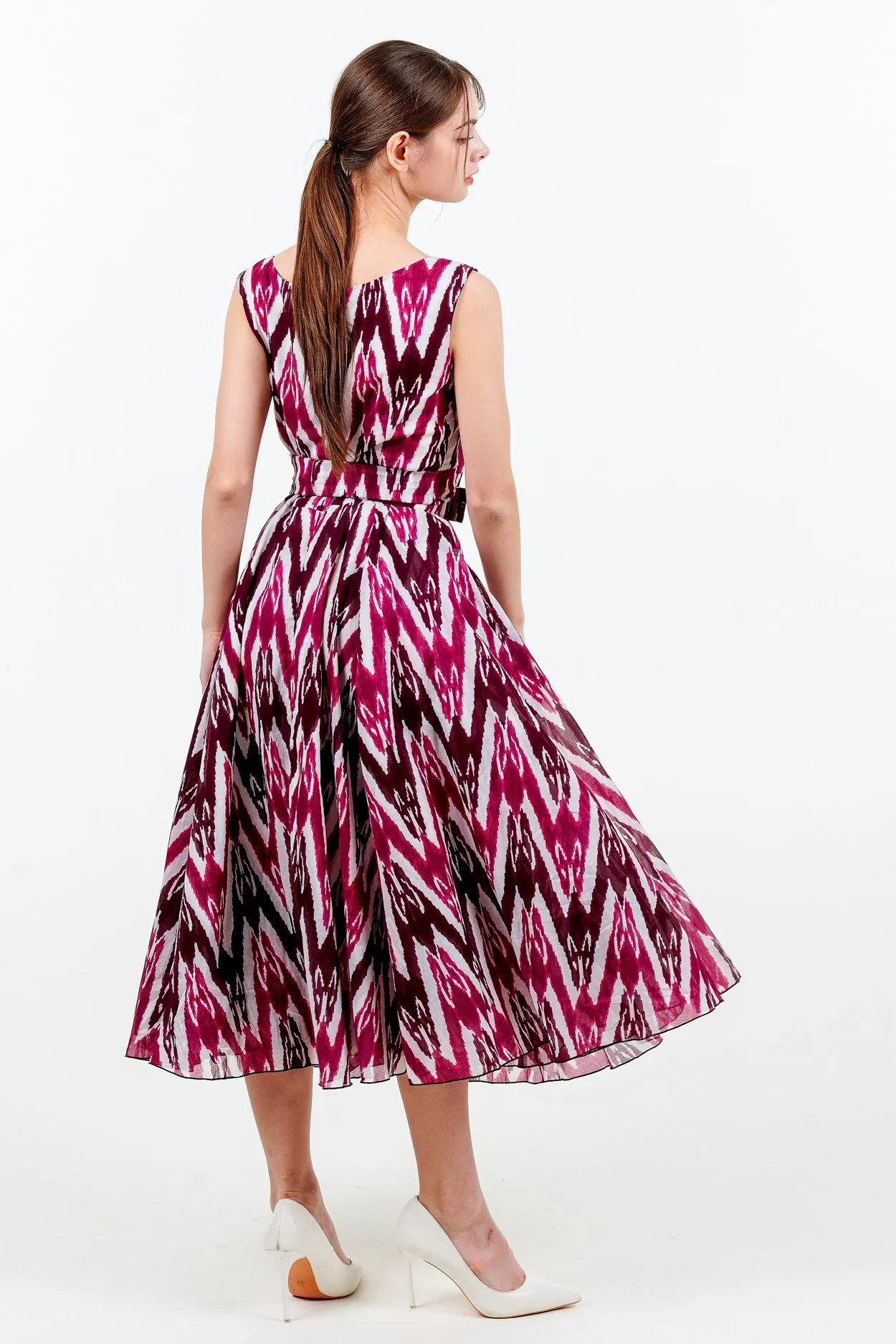 Aster Dress Boat Neck Sleeveless Midi Length Cotton Musola (Ikat Uzbec Bright)