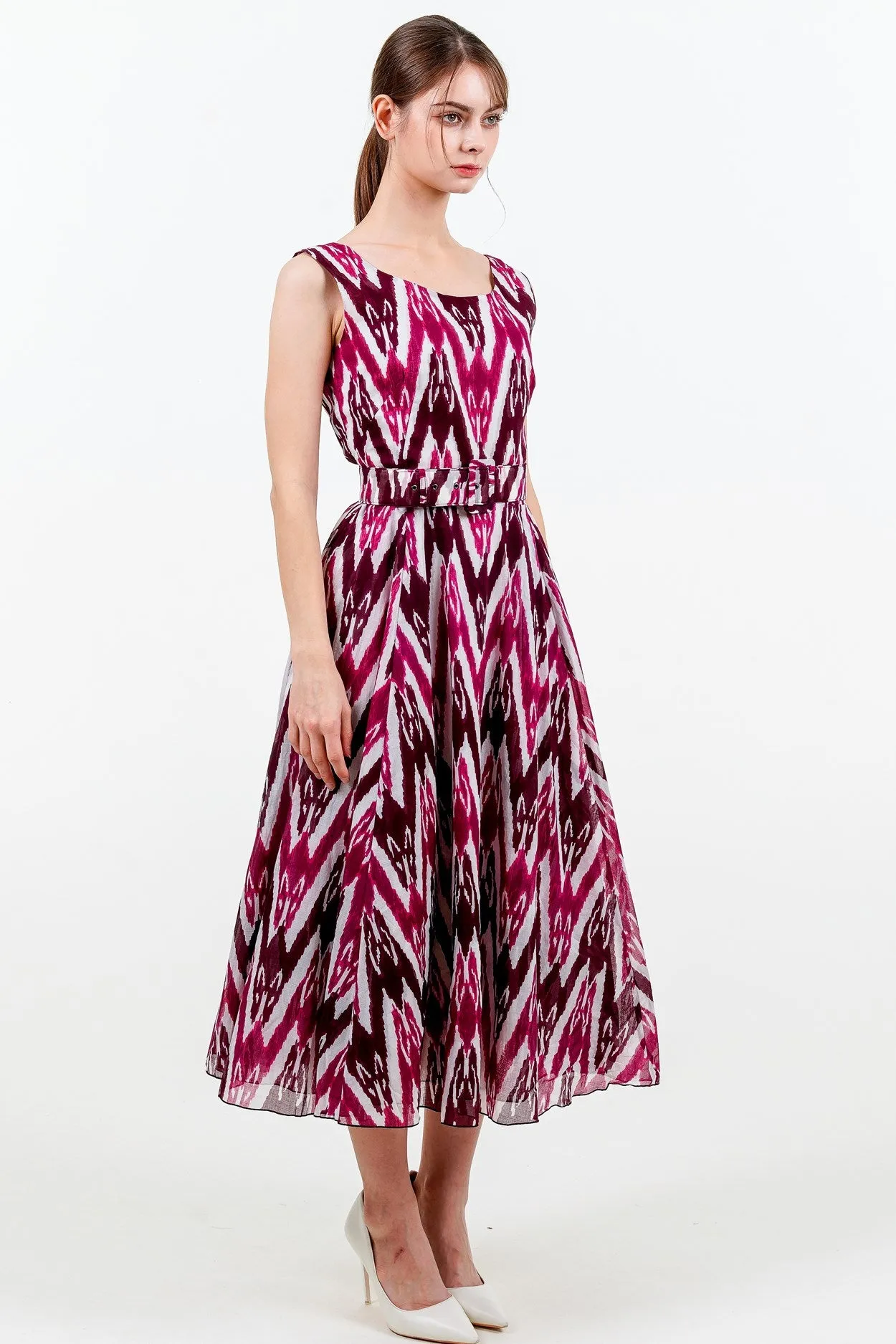 Aster Dress Boat Neck Sleeveless Midi Length Cotton Musola (Ikat Uzbec Bright)
