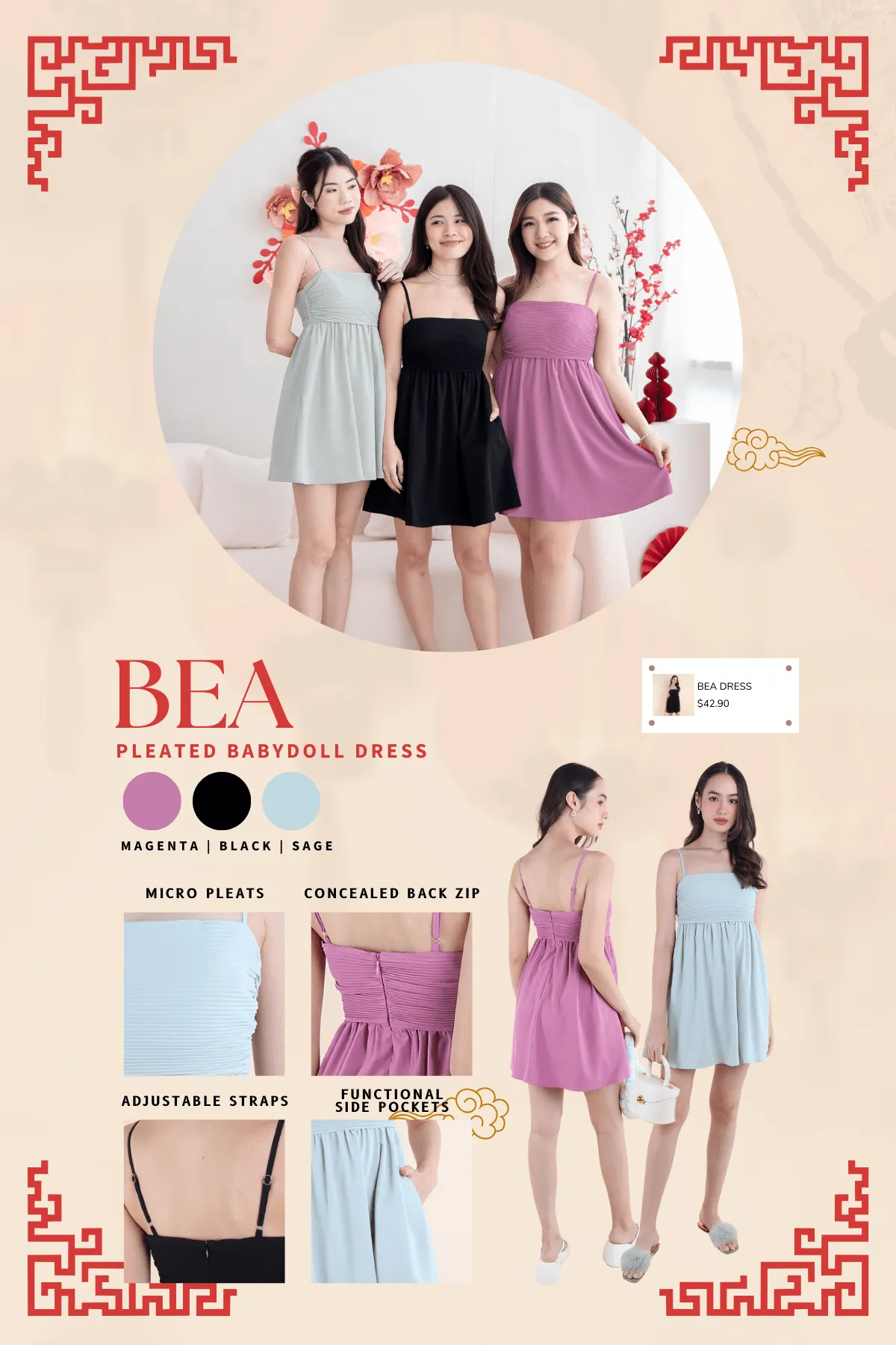 BEA PLEATED BABYDOLL DRESS IN BLACK