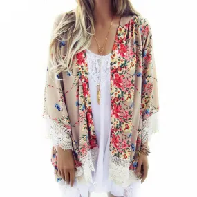 Beige Floral Print Lace Trim Long Flare Shirt