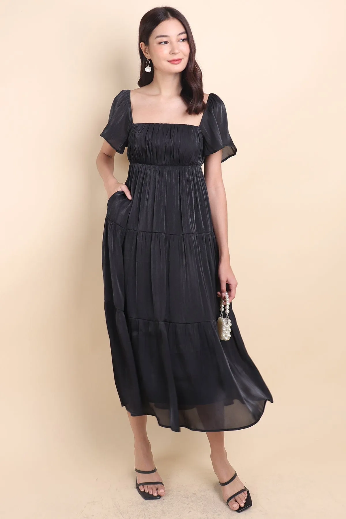 BELLE FLUTTERS SHIMMERY MIDAXI IN BLACK