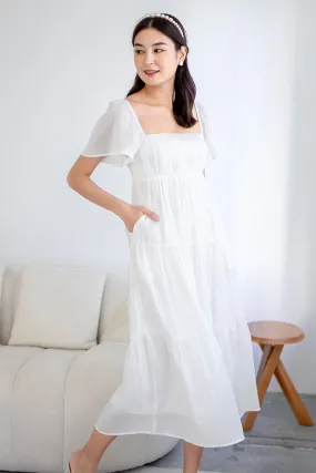 BELLE FLUTTERS SHIMMERY MIDAXI IN CREAMY WHITE