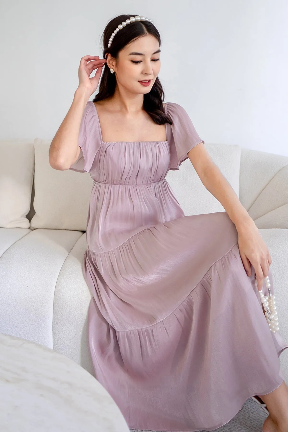 BELLE FLUTTERS SHIMMERY MIDAXI IN MAUVE PINK