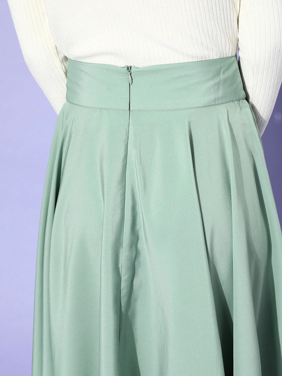 Berrylush Women Solid Light Green Flared A-Line Midi Skirt