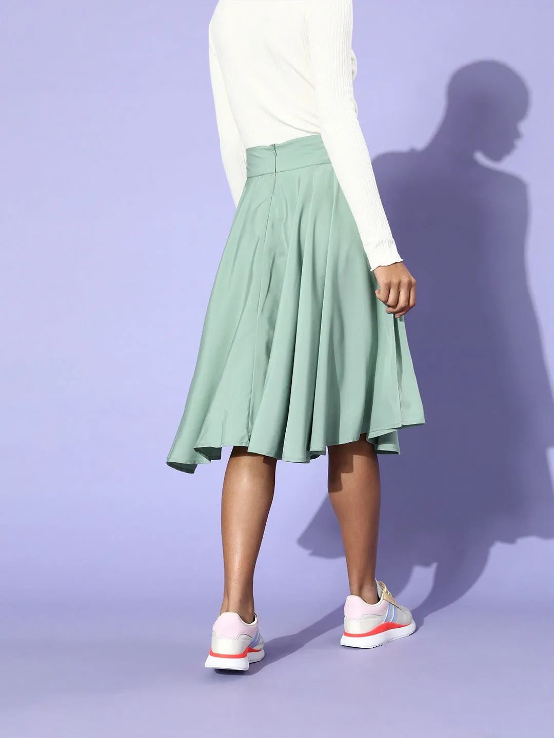 Berrylush Women Solid Light Green Flared A-Line Midi Skirt