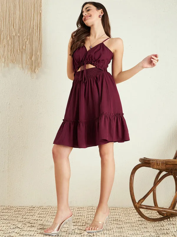 Berrylush Women Solid Maroon Sweetheart Neck Sleeveless Front Cutout Tie-Up Pleated Fit & Flare Mini Dress