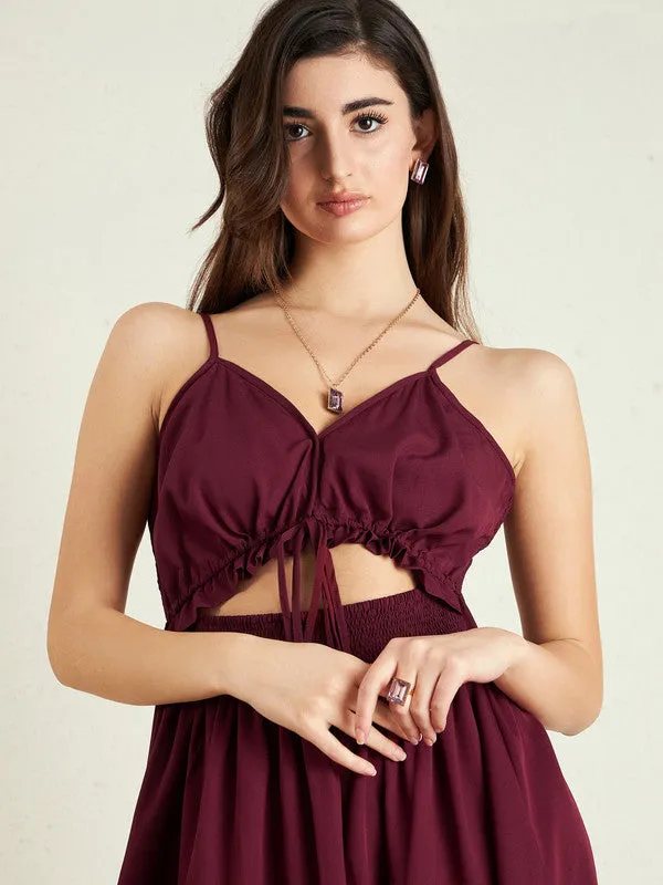 Berrylush Women Solid Maroon Sweetheart Neck Sleeveless Front Cutout Tie-Up Pleated Fit & Flare Mini Dress