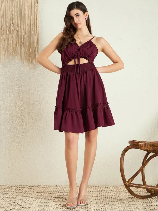 Berrylush Women Solid Maroon Sweetheart Neck Sleeveless Front Cutout Tie-Up Pleated Fit & Flare Mini Dress