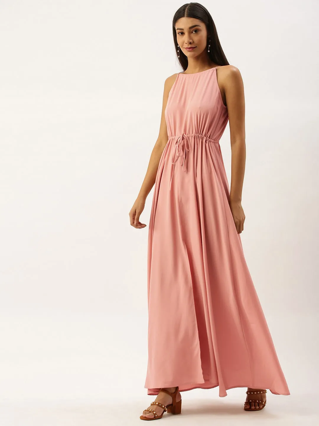 Berrylush Women Solid Pink Halter Neck Maxi Dress