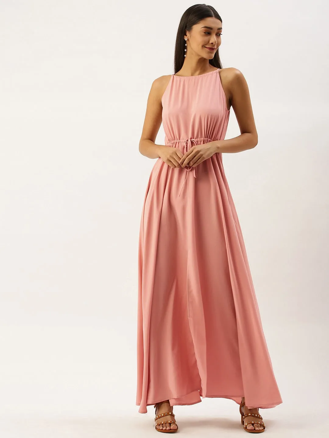Berrylush Women Solid Pink Halter Neck Maxi Dress
