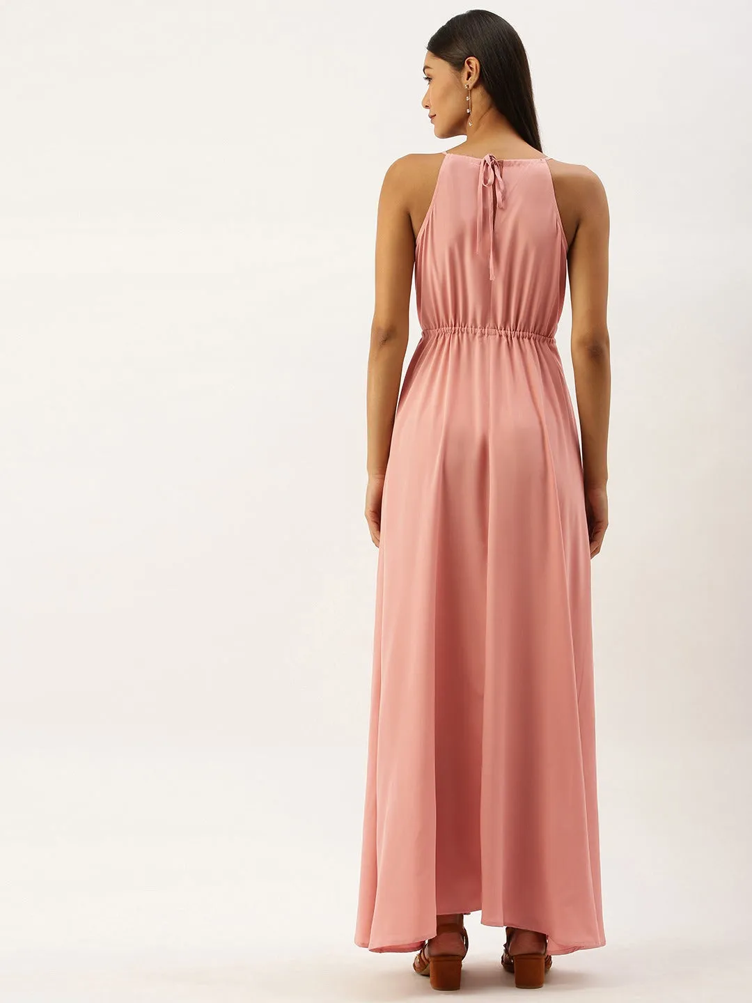 Berrylush Women Solid Pink Halter Neck Maxi Dress