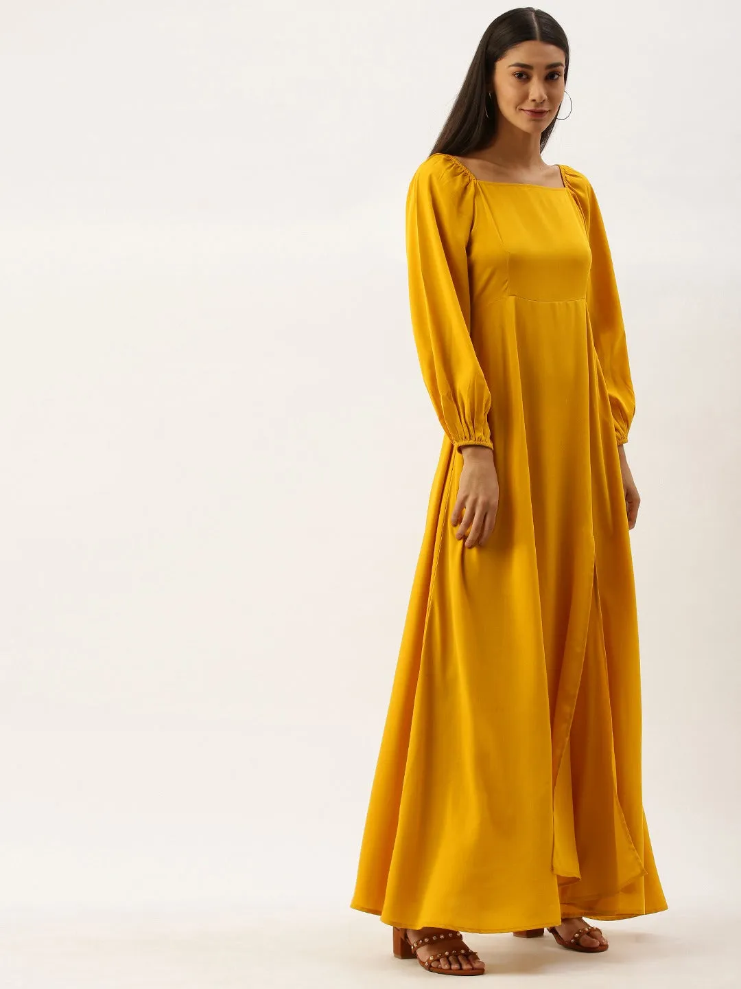 Berrylush Women Solid Yellow Square Neck Maxi Dress