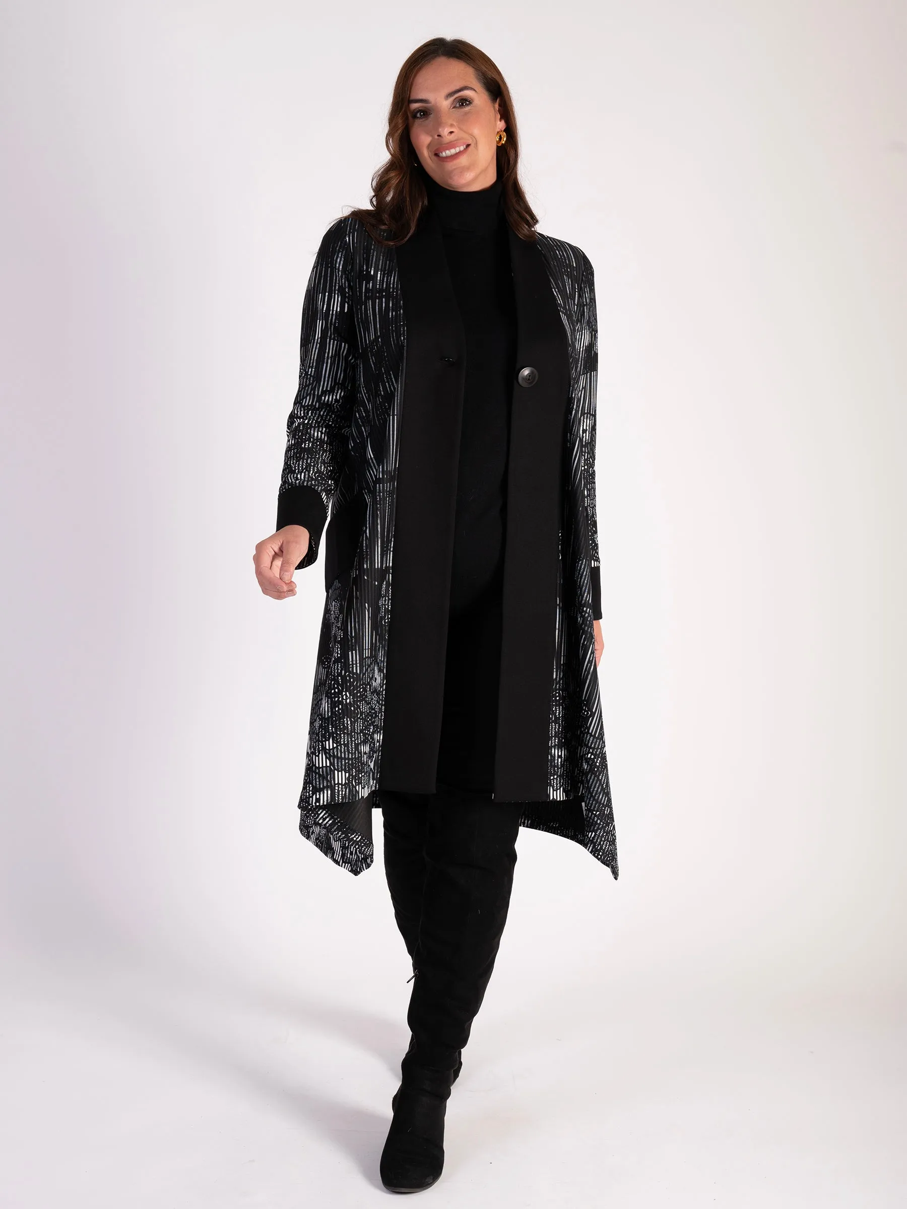Black & White Flower Border Print Ribbed Jersey Coat