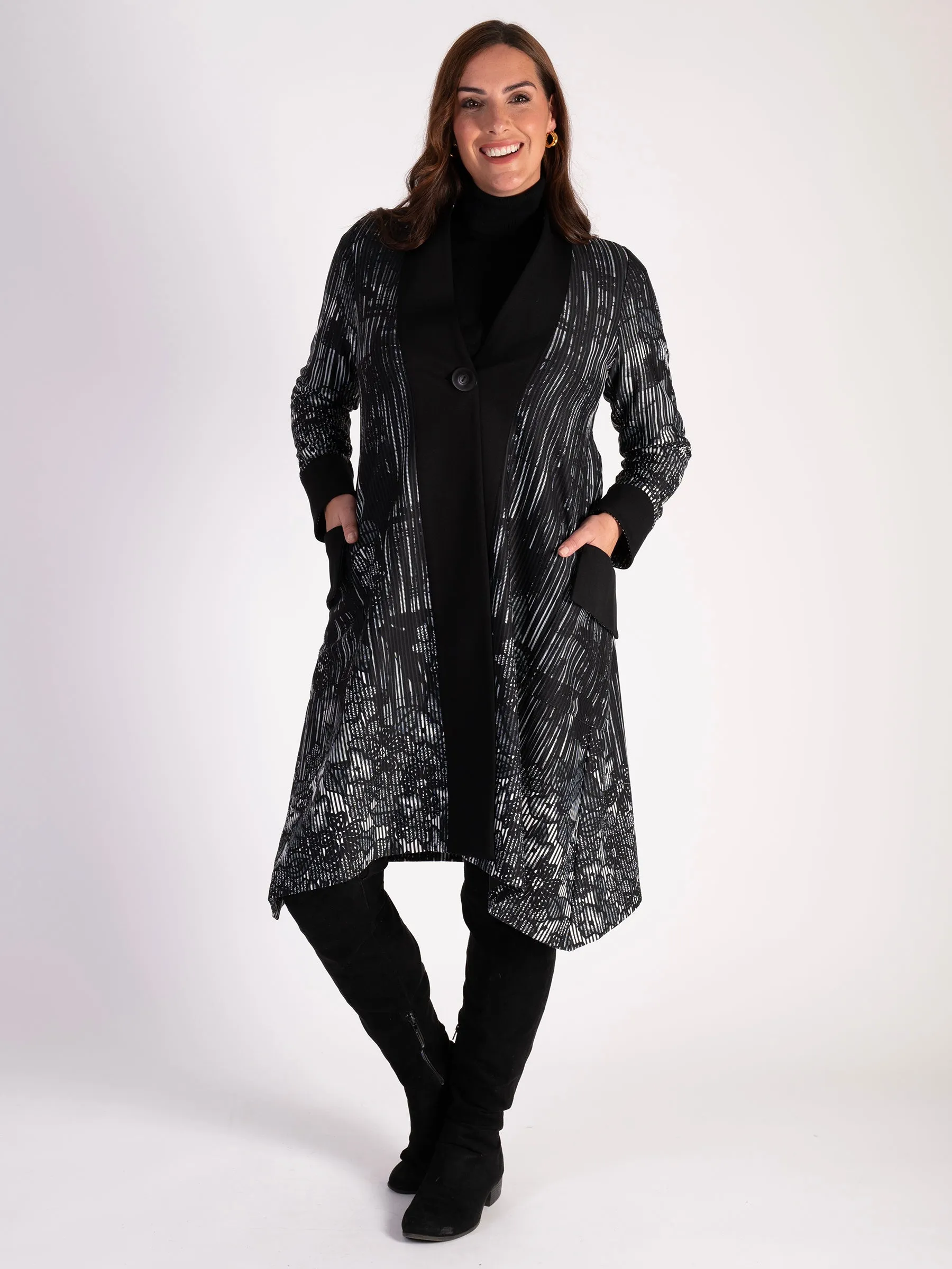 Black & White Flower Border Print Ribbed Jersey Coat