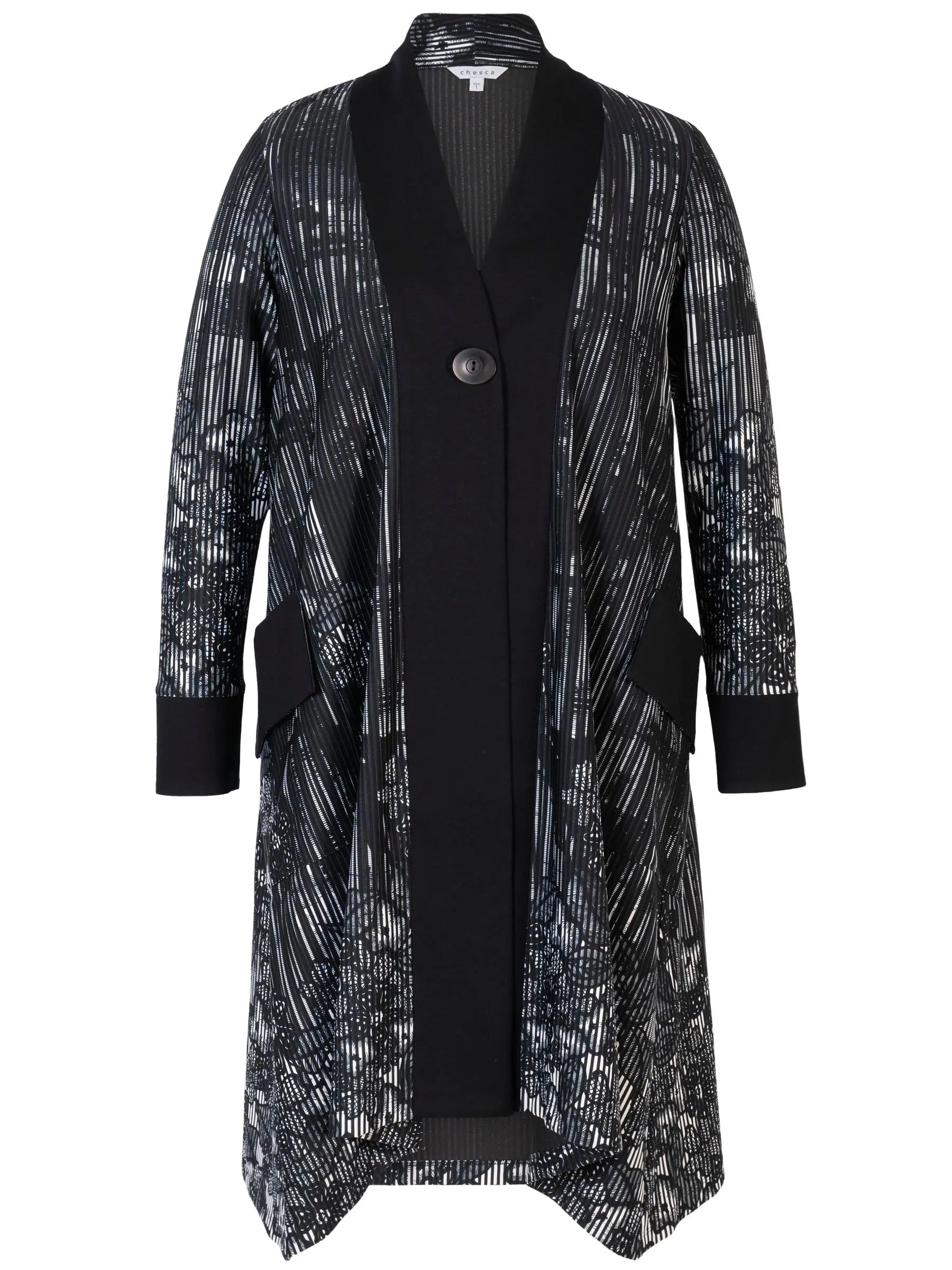 Black & White Flower Border Print Ribbed Jersey Coat