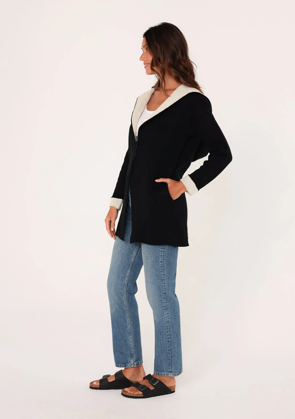 Black and White Two Snap Hooded Cardigan