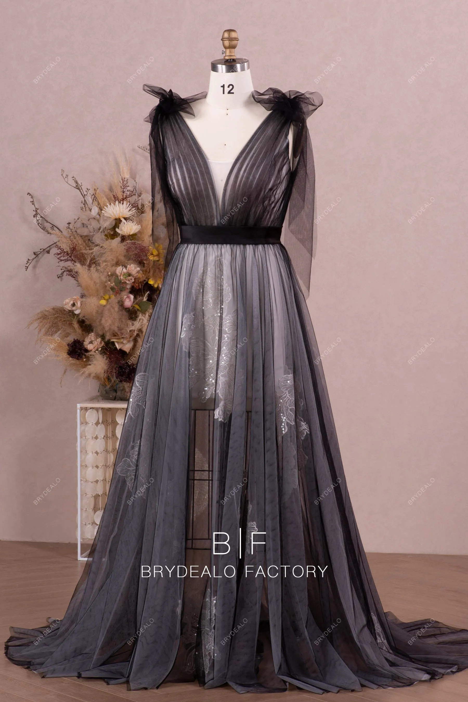 Black Tulle White Lace Tie Shoulder Plunging Neck Boho Bridal Gown