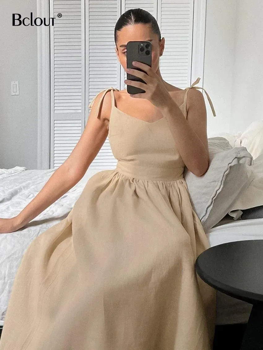Brown Linen A-Line Party Dress: Chic Elegance for Modern Women