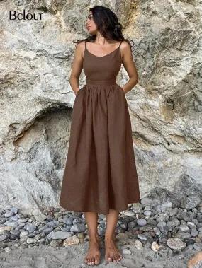 Brown Linen A-Line Party Dress: Chic Elegance for Modern Women