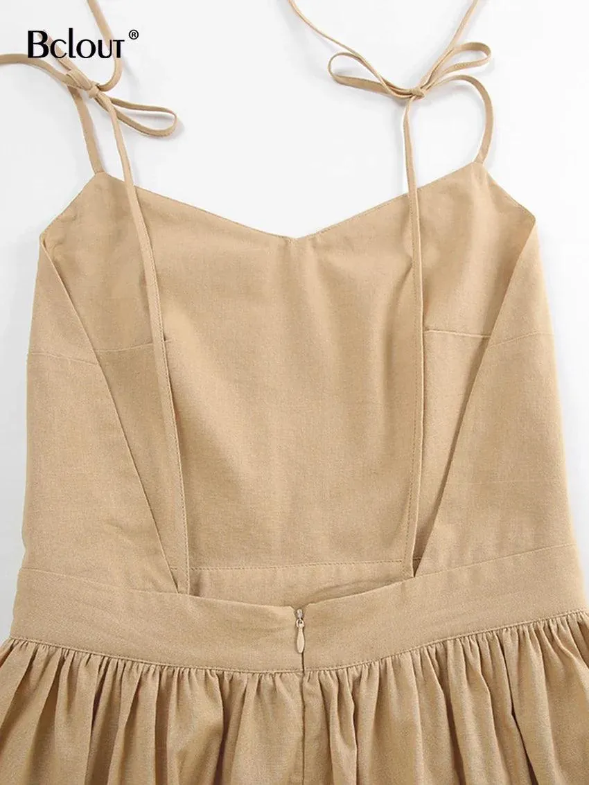 Brown Linen A-Line Party Dress: Chic Elegance for Modern Women