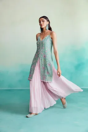 Celestial kurta sharara set - Mint Hand Embroidered Kurta with Orchid Pink gathered Skirt