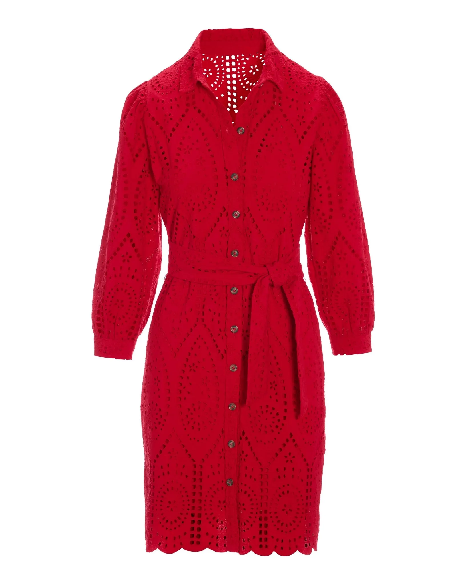 Collared Eyelet Shirt Dress Tomato Red