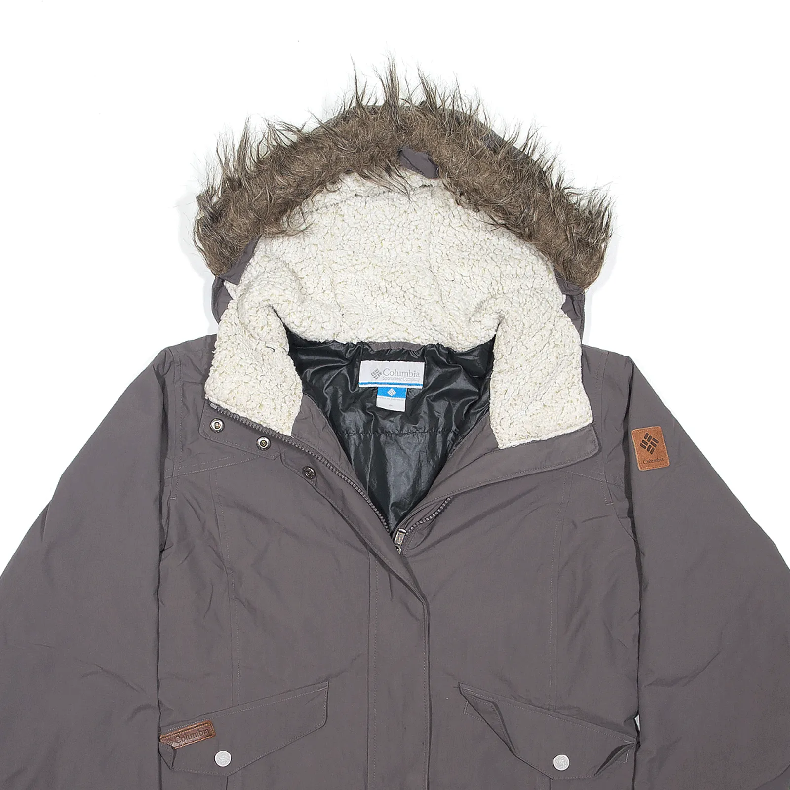 COLUMBIA Faux Fur Trim Fleece Hood Parka Coat Grey Womens M