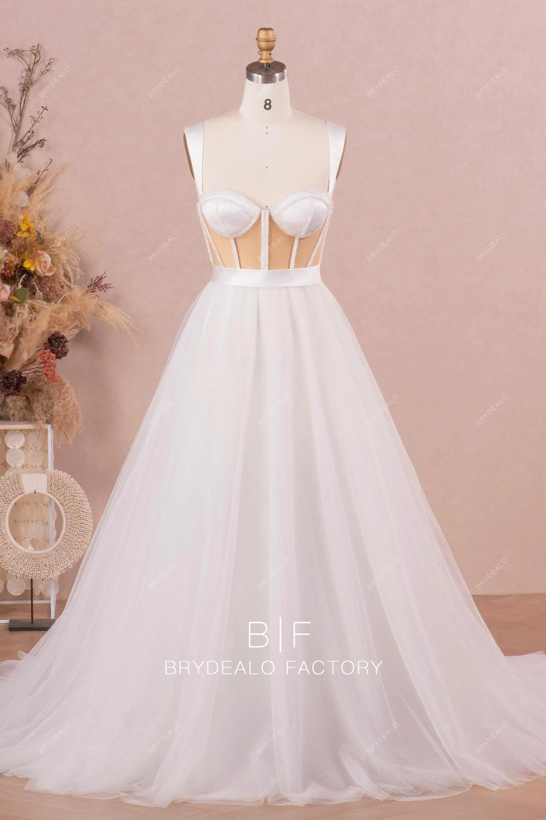 Designer Beaded Boning Illusion Corset A-line Long Wedding Dress