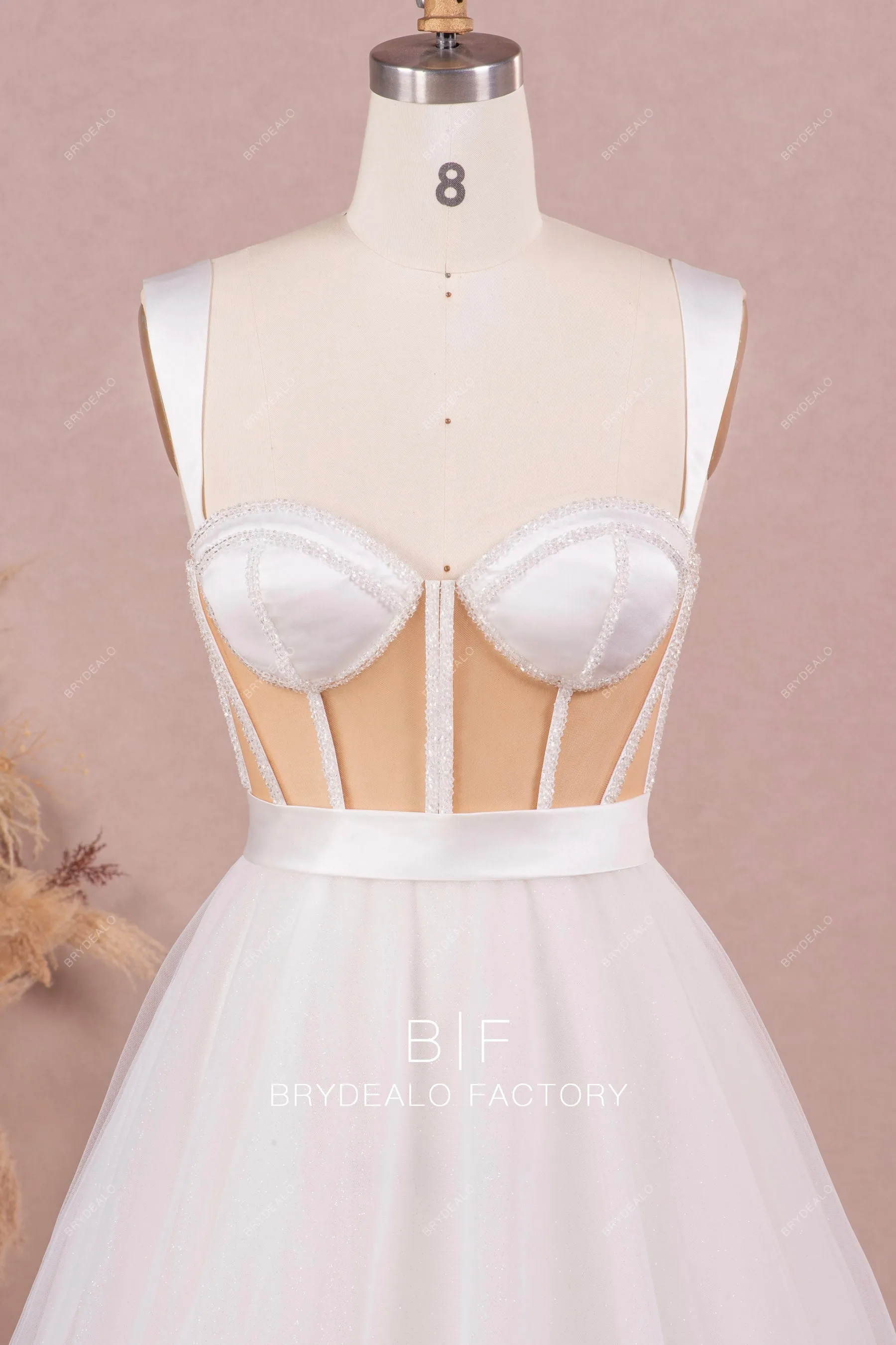 Designer Beaded Boning Illusion Corset A-line Long Wedding Dress