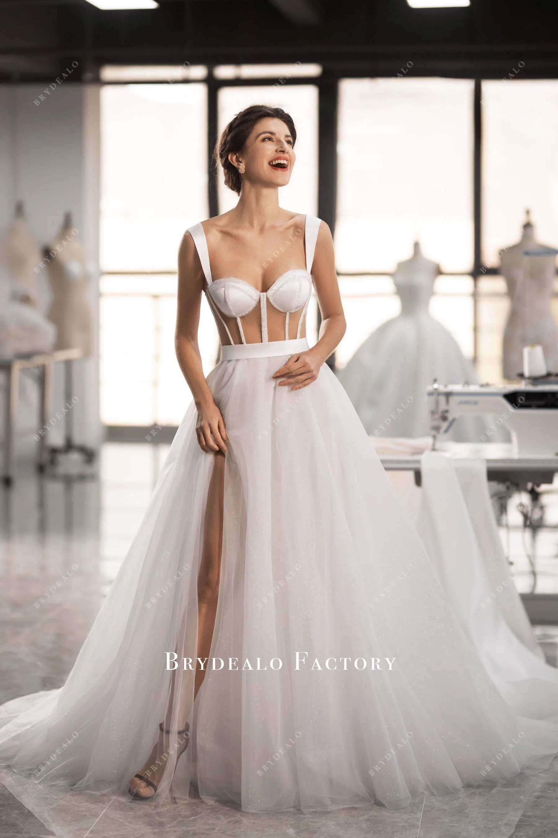 Designer Beaded Boning Illusion Corset A-line Long Wedding Dress