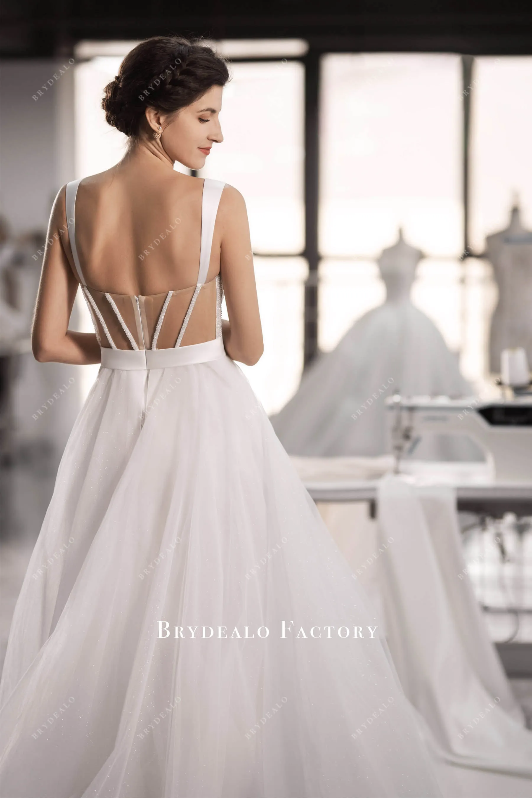 Designer Beaded Boning Illusion Corset A-line Long Wedding Dress